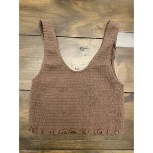 Love Tree Smocked Brown Crop ruffle‎ hem peasant sleeveless blouse size small